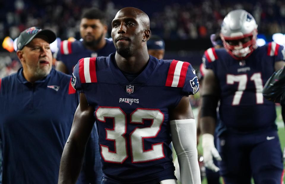 New England Patriots free safety Devin McCourty exits the field after an overtime defeat against the Dallas Cowboys at Gillette Stadium in Foxboro on Sunday, Oct. 17, 2021.