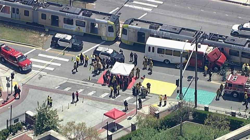 PHOTO: 55 people were injured after a Los Angeles Metro train collided with a USC bus, on April 30, 2024, in Los Angeles. (KABC)