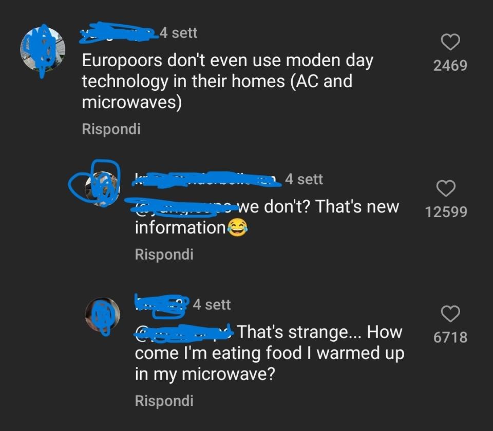 A screenshot of a social media comment thread discussing Europeans' use of modern technology like microwaves in homes