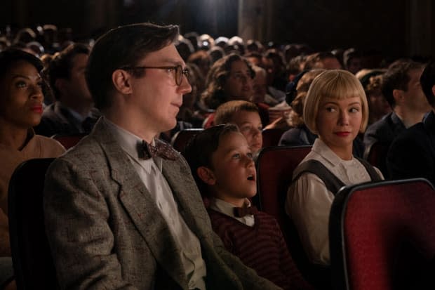 Paul Dano as Burt Fabelman, Gabriel LaBelle as Sammy Fabelman and Michelle Williams as Mitzi Fabelman in "The Fabelmans," based on Steven Spielberg's childhood<p>Universal Pictures</p>