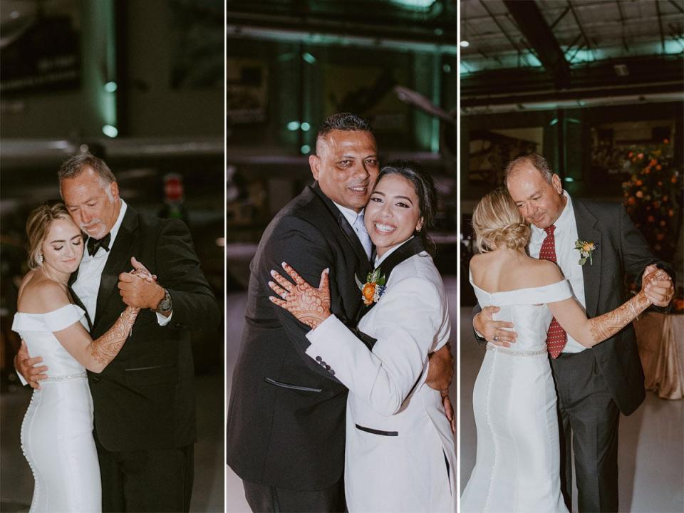 Three side-by-side photos of two brides dancing with their dads on their wedding days.