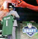 Alabama defensive tackle Quinnen Williams holds his new jersey after the New York Jets selected Williams in the first round at the NFL football draft, Thursday, April 25, 2019, in Nashville, Tenn. (AP Photo/Mark Humphrey)