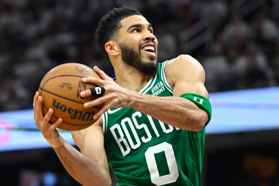 Boston Celtics forward Jayson Tatum (0) drives to the basket against the Cleveland Cavaliers in the second quarter of game four of the second round for the 2024 NBA playoffs at Rocket Mortgage FieldHouse.