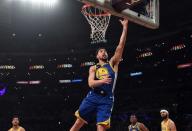 Jan 21, 2019; Los Angeles, CA, USA; Golden State Warriors guard Klay Thompson (11) shoots the ball against the Los Angeles Lakers during the first quarter at Staples Center. Mandatory Credit: Richard Mackson-USA TODAY Sports