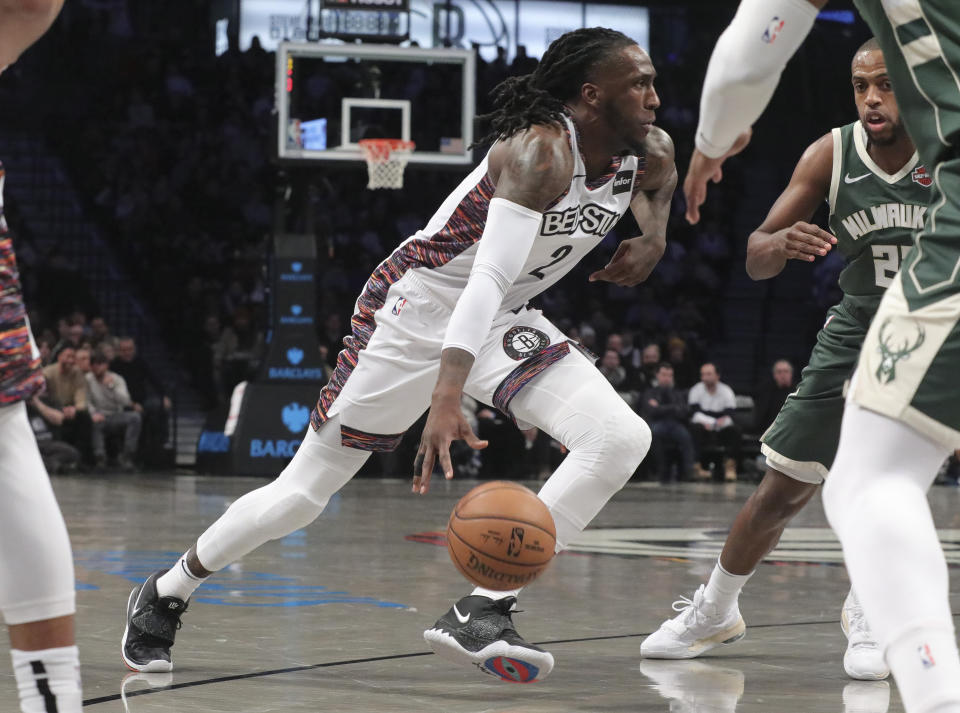 Brooklyn Nets forward Taurean Prince (2) drives to the basket, during a NBA basketball game against the Milwaukee Bucks, Saturday Jan. 18, 2020 in New York. (AP Photo/Bebeto Matthews)