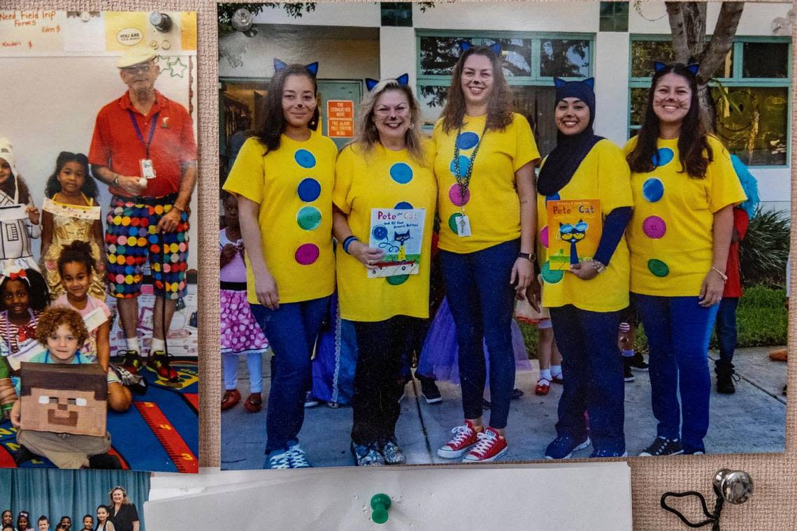 A photo of Denise Soufrine, second from left, with her colleagues is one of many mementos she has in her classroom corner at Pembroke Pines Elementary.