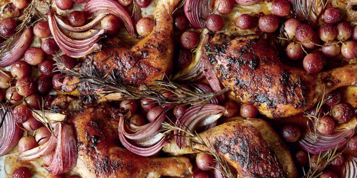 Sheet bread chicken with rosemary and grapes (Paul Brisman)