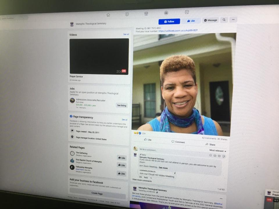 A laptop computer shows the Facebook page of Memphis Theological Seminary and a photo of Rev. Autura Eason-Williams.