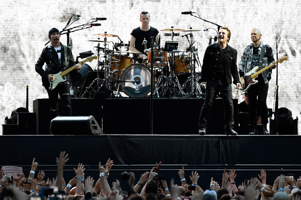 Bono sings as U2 perform during their U2: The Joshua Tree Tour, at Twickenham Stadium, London, Britain, July 8, 2017. REUTERS/Dylan Martinez