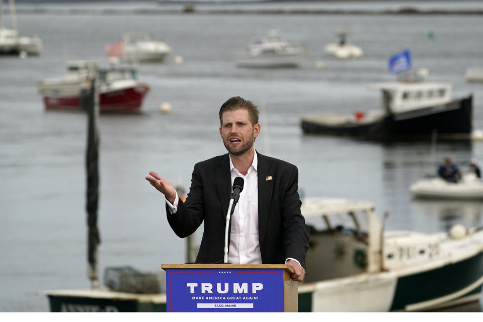 Eric Trump, the son of President Donald Trump, speaks at a campaign rally for his father, Tuesday, Sept. 17, 2020, in Saco, Maine. (AP Photo/Robert F. Bukaty)