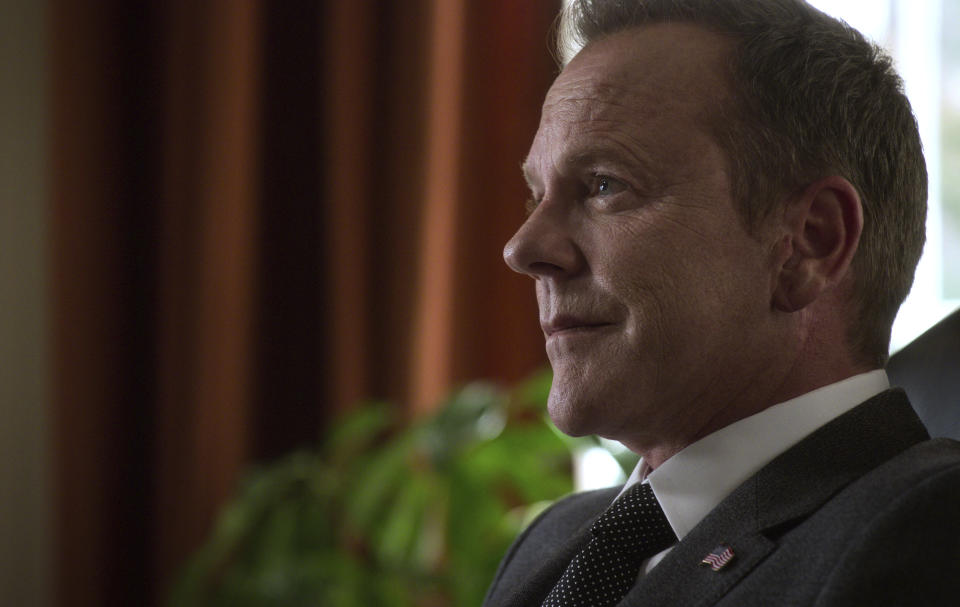 This image released by Netflix shows Kiefer Sutherland as Tom Kirkman in "Designated Survivor," created by David Guggenheim. Netflix revived “Designated Survivor” for a single 10-episode season after it was canceled by ABC, but opted not to renew it for a fourth season. The show’s top producer says he was not surprised at the decision because Netflix, which offered him greater creative freedom than the network, was upfront that the show would have to clear a high bar to get a renewal. (Courtesy of Netflix via AP)