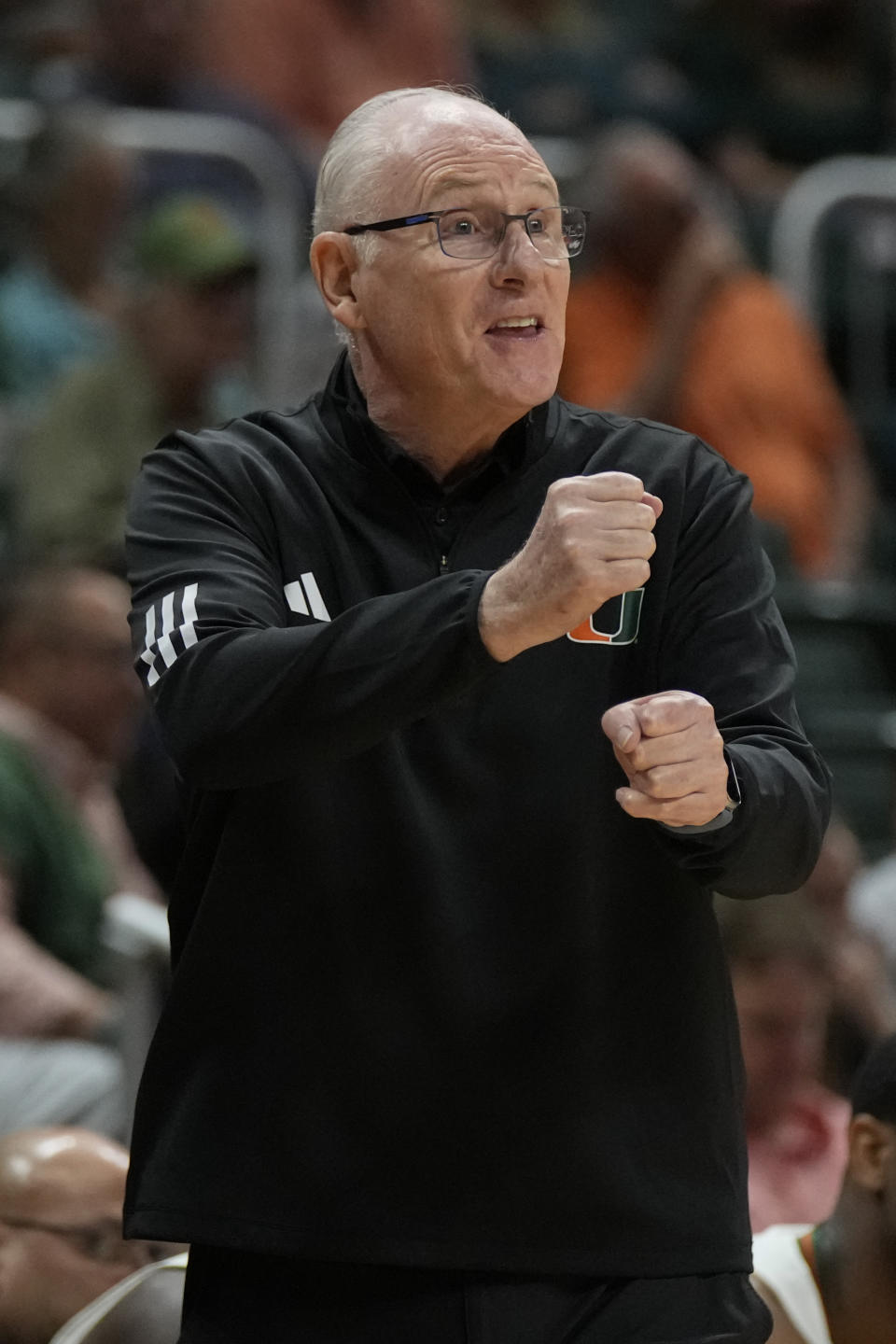 Miami head coach Jim Larranaga gestures during the second half of an NCAA college basketball game against the New Jersey Institute of Technology, Monday, Nov. 6, 2023, in Coral Gables, Fla. (AP Photo/Rebecca Blackwell)