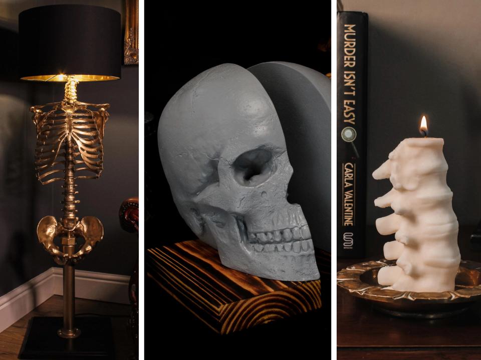 A collage of items that Arnett sells: skeleton lamps, skull bookends, and spine-shaped candles.