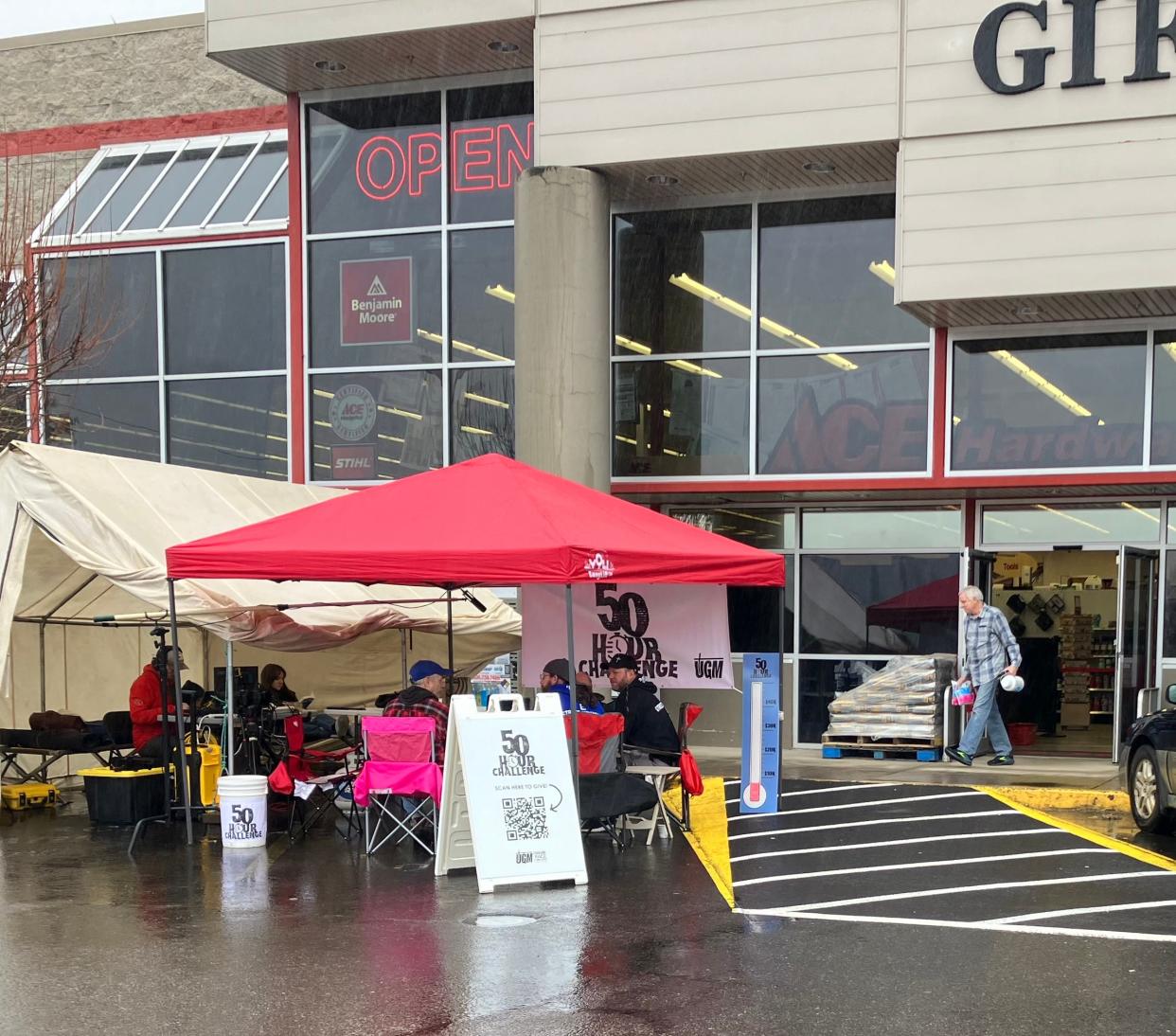 Union Gospel Mission of Salem leaders camp outside during the 50-Hour Challenge at the entrance to the south Salem Ace Hardware to raise awareness of homelessness and money.
