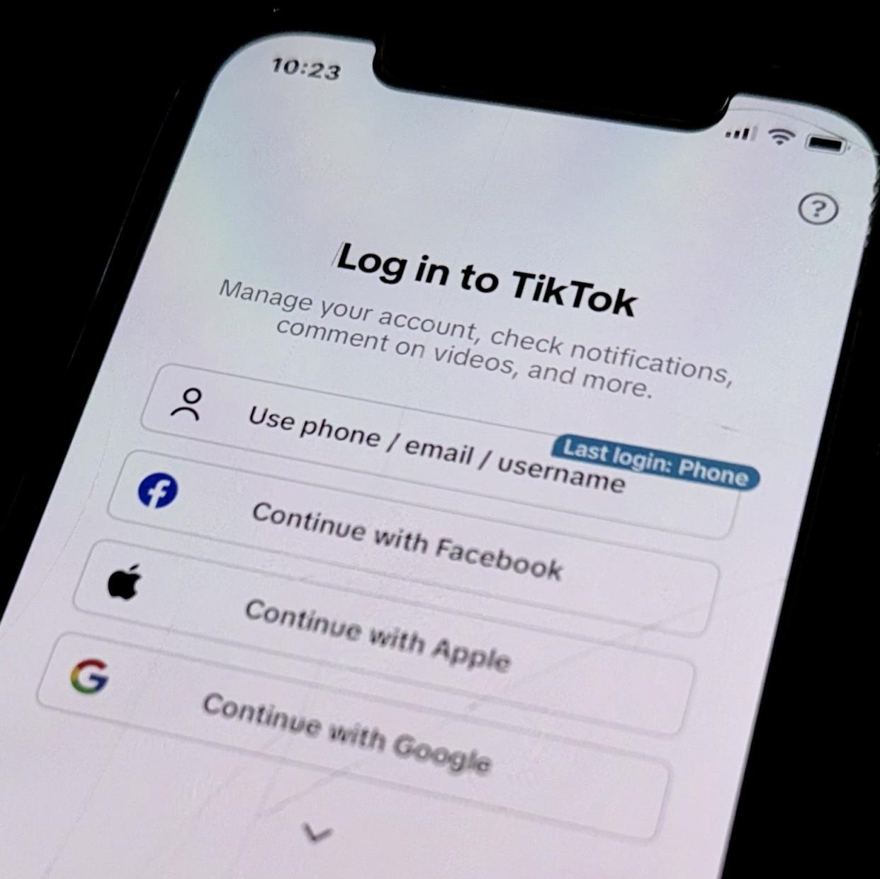 TikTok login home screen on an Iphone.