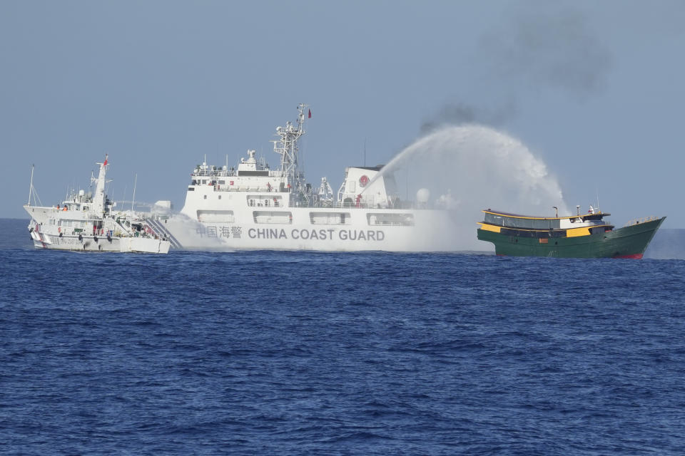 Philippine resupply vessel Unaizah May 4 is hit by Chinese coast guard water canon blast causing injuries to multiple crew members as they tried to enter the Second Thomas Shoal, locally known as Ayungin Shoal, in the disputed South China Sea Tuesday, March 5, 2024. Chinese and Philippine coast guard vessels collided in the disputed South China Sea and multiple Filipino crew members were injured in high-seas confrontations Tuesday as Southeast Asian leaders gathered for a summit that was expected to touch on Beijing's aggression at sea. (AP Photo/Aaron Favila)