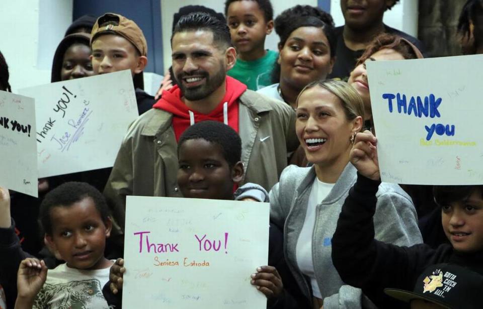 Boxers José Ramírez and Seniesa Estrada visited the Boys & Girls Club in central Fresno on March 22. They are both on the March 25 boxing card at the Save Mart Center.