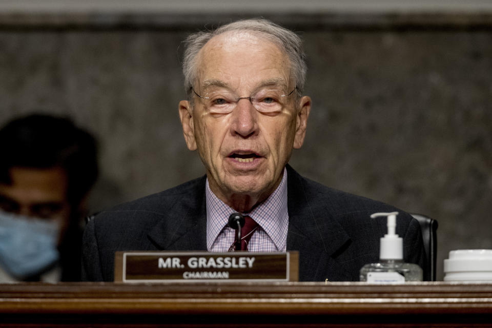 FILE - In this June 17, 2020, file photo, Chairman Sen. Chuck Grassley, R-Iowa, speaks as U.S. Trade Representative Robert Lighthizer appears at a Senate Finance Committee hearing on U.S. trade on Capitol Hill in Washington. Grassley will not be attending the Republican National Convention for the first time in his 40-year Senate career due to concerns about the coronavirus. (AP Photo/Andrew Harnik, Pool, File)