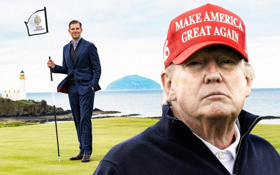 Composite image of Eric Trump and Donald Trump at Turnberry golf course