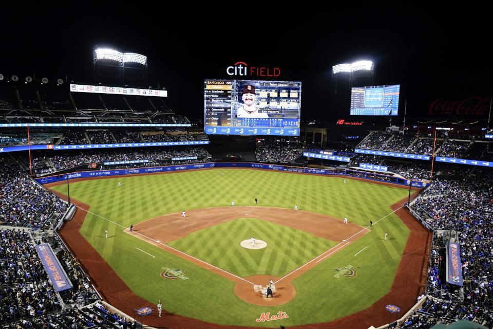 The San Diego Padres play against the New York Mets during the sixth inning of a baseball game Monday, April 10, 2023, in New York. (AP Photo/Frank Franklin II)