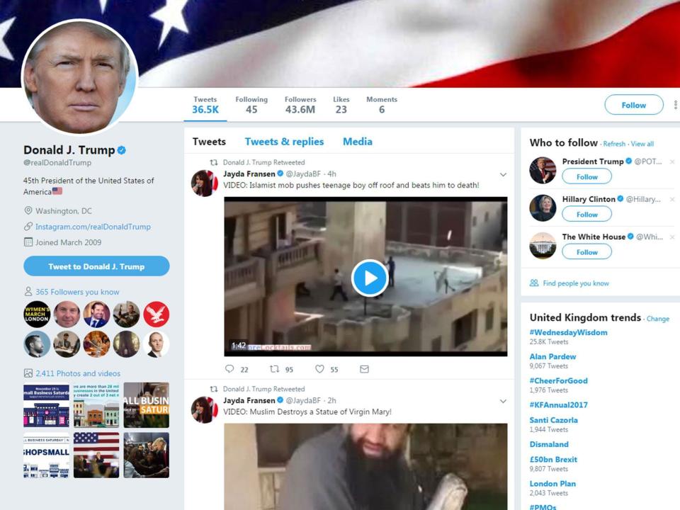 Donald Trump shared three tweets from the account of Britain First’s Jayda Fransen