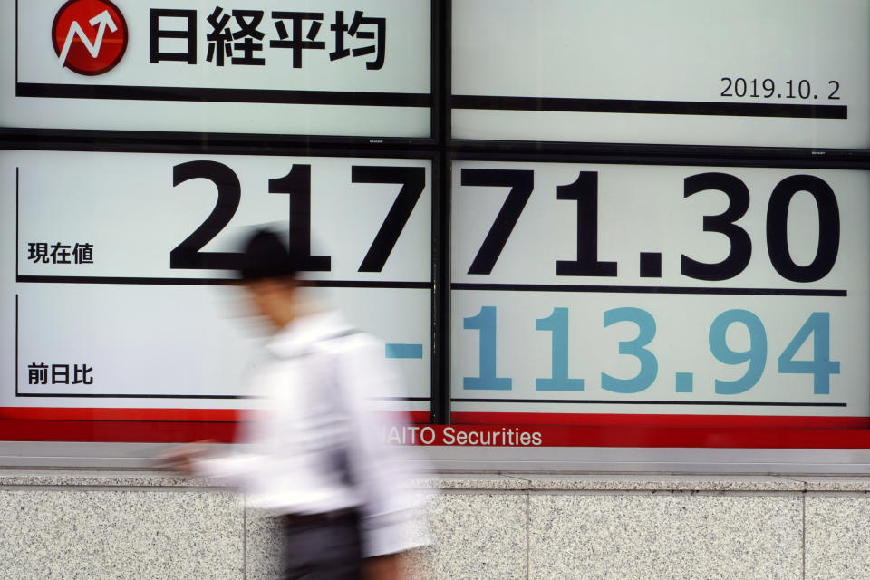 A man walks past an electronic stock board showing Japan's Nikkei 225 index at a securities firm in Tokyo Wednesday, Oct. 2, 2019. Asian shares are lower after U.S. stocks posted their worst loss in five weeks on Wednesday after a surprisingly limp report on the nation’s manufacturing that stirred worries about the economic outlook.(AP Photo/Eugene Hoshiko)