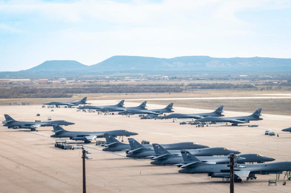 B-1B Lancers from Dyess and Ellsworth Air Force Base, South Dakota, sit on the flightline at Dyess Air Force Base, Texas, Feb. 1, 2024.