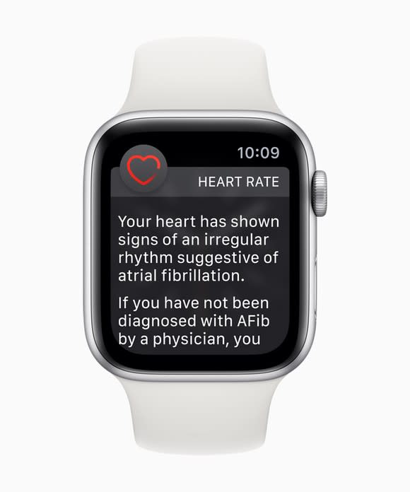 An Apple Watch display that reads, "You heart has shown signs of irregular rhythms suggestive of atrial fibrillation.