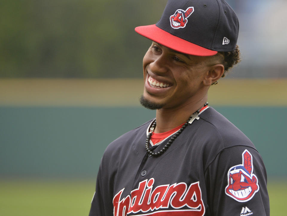 Cleveland Indians’ Francisco Lindor jokes around before Game 2 of baseball’s American League Division Series against the New York Yankees. (AP Photo/Phil Long)
