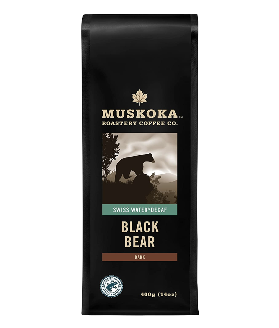 Muskoka Roastery Coffee, Black Bear, Decaf Dark Roast, Ground Coffee, 400g (photo via Amazon)