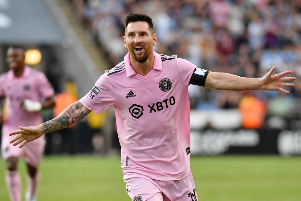 Lionel Messi celebrates after scoring a goal in Inter Miami's Leagues Cup semifinal win against the Philadelphia Union.