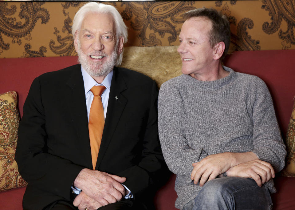 FILE - Donald Sutherland, left, and his son Kiefer Sutherland pose for a portrait in Los Angeles to promote the film "Forsaken." Donald Sutherland, the towering Canadian actor whose career spanned "M.A.S.H." to "The Hunger Games," has died at 88. (Photo by Matt Sayles/Invision/AP, File)