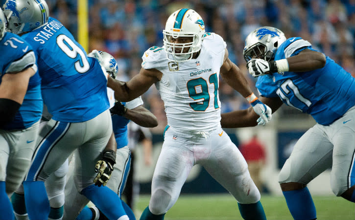 Nov 9, 2014; Detroit, MI, USA; Miami Dolphins defensive end Cameron Wake (91) during the fourth quarter against the Detroit Lions at Ford Field. Detroit won 20-16. Mandatory Credit: Tim Fuller-USA TODAY Sports