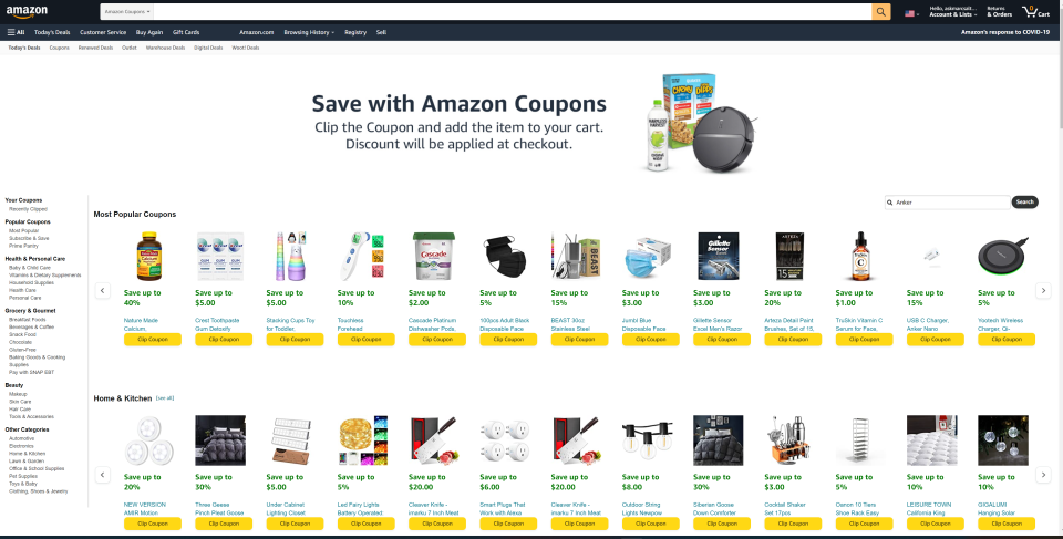 Yes, Amazon, has a Coupons section. Virtually clip coupons for instant discounts on what you’re buying, by firs searching by keyword or browsing by category to find what you’re looking for.