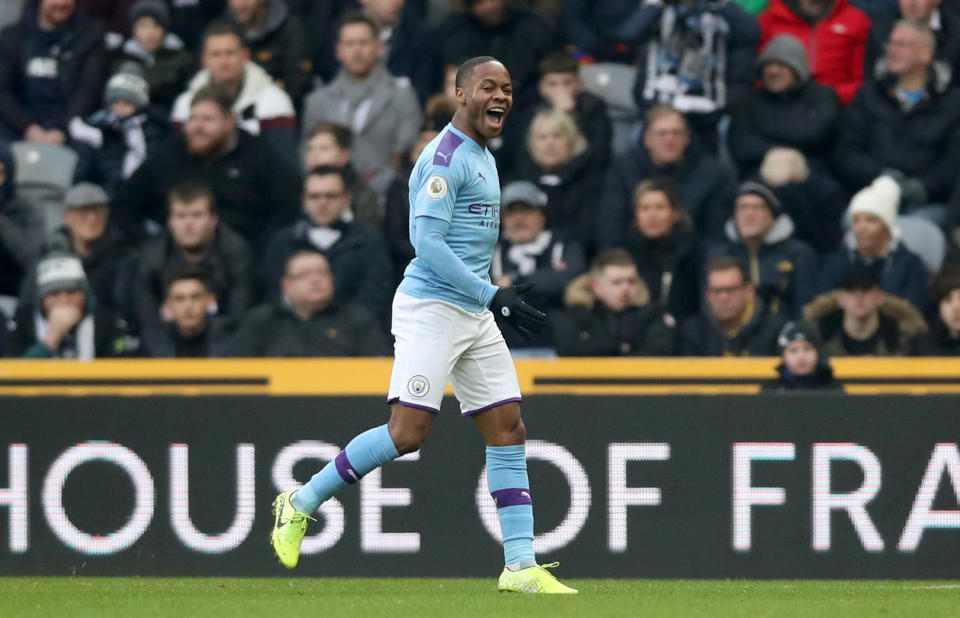 Manchester City's Raheem Sterling celebrates giving his side the lead. (Photo by Owen Humphreys/PA Images via Getty Images)