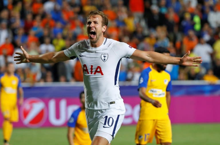 Tottenham Hotspur's striker Harry Kane celebrates after scoring during the UEFA Champions League football match against Apoel FC September 26, 2017