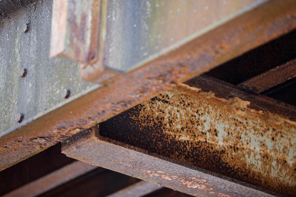 Rust on the bottom of the 112-year-old Green Bridge, which crosses the Finley River near Ozark in Christian County. The Bridge has been closed by the Missouri Department of Transportation after an inspection rated the bridge a 2 on a 10-point scale.