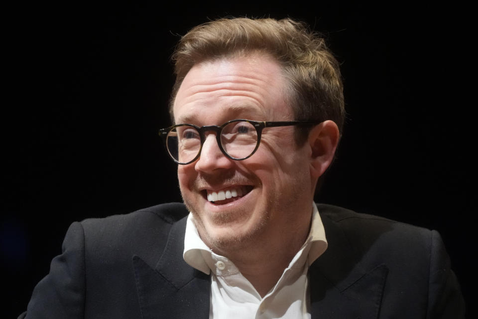 Maestro Daniel Harding, the new music director of Rome's Santa Cecilia orchestra, smiles during a press conference on the occasion of his presentation to media in Rome, Monday, March 6, 2023. (AP Photo/Gregorio Borgia)