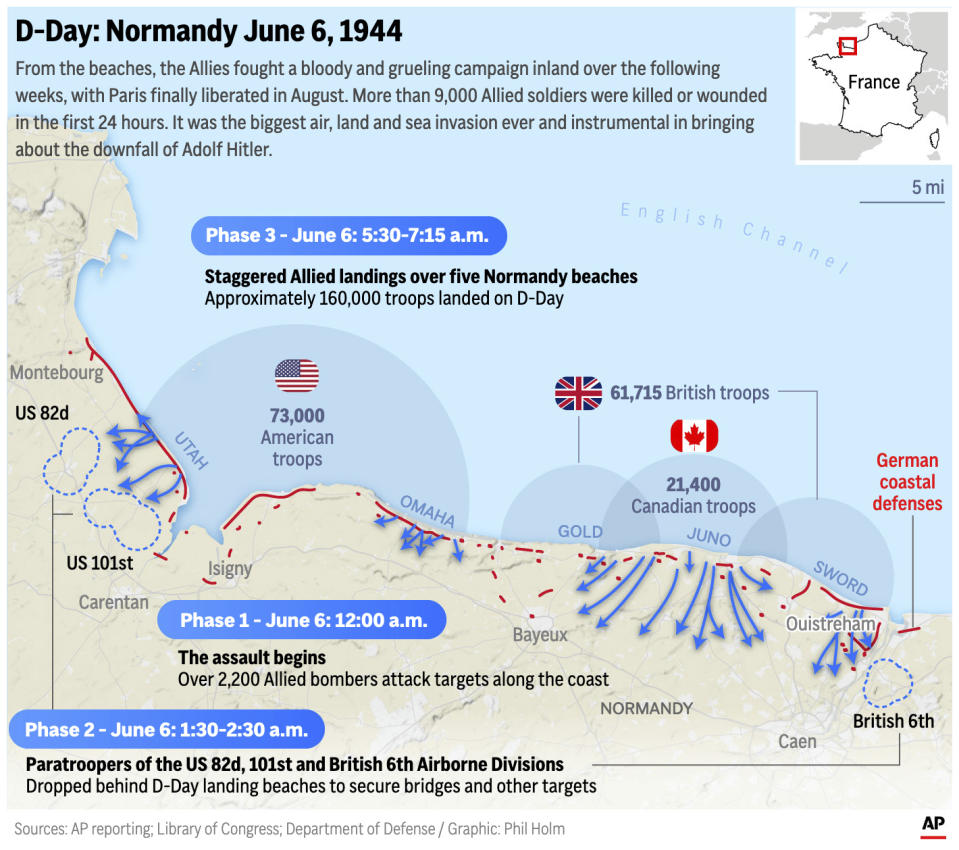 The map above illustrates the D-Day invasion on June 6, 1944. On June 6, 2024, the D-Day invasion by Allied forces that helped defeat the Nazis and liberate Europe from totalitarianism will mark its 80th anniversary. (AP Digital Embed)