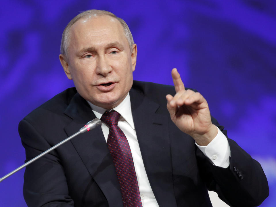 FILE - In this April 9, 2019 file photo, Russian President Vladimir Putin gestures while speaking at a plenary session of the International Arctic Forum in St. Petersburg, Russia. North Korean leader Kim Jong Un’s meeting with Russian President Vladimir Putin gives an intriguing twist to the global diplomatic push to resolve the nuclear standoff with North Korea, which appeared to hit a wall after a summit between Kim and President Donald Trump collapsed in February. (AP Photo/Dmitri Lovetsky, File)