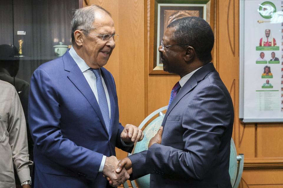FILE - In this handout photo released by Russian Foreign Ministry Press Service, Speaker of the National Assembly of Kenya Moses Wetangula, right, and Russian Foreign Minister Sergey Lavrov greet each other prior to their talks in Nairobi, Kenya, on Monday, May 29, 2023. On July 27-28, 2023 Russian President Vladimir Putin is hosting delegations from almost all of Africa's 54 countries at the second Russia-Africa Summit. (Russian Foreign Ministry Press Service via AP, File)
