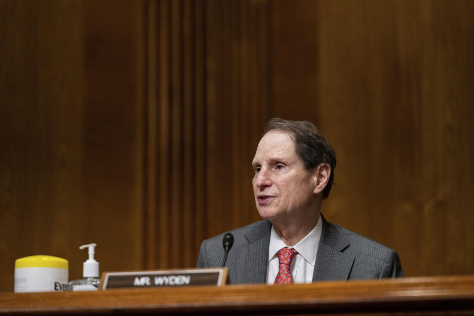 Sen. Ron Wyden, D-Ore., speaks during a Senate Finance Committee hearing on Capitol Hill in Washington, Tuesday, June 30, 2020, on the 2020 filing season and COVID-19 recovery. (Anna Moneymaker/The New York Times via AP, Pool)