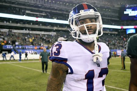 FILE PHOTO: Oct 11, 2018; East Rutherford, NJ, USA; New York Giants wide receiver Odell Beckham Jr. (13) walks off the field after a 34-13 loss to the Philadelphia Eagles at MetLife Stadium. Mandatory Credit: Danielle Parhizkaran/NorthJersey.com via USA TODAY NETWORK