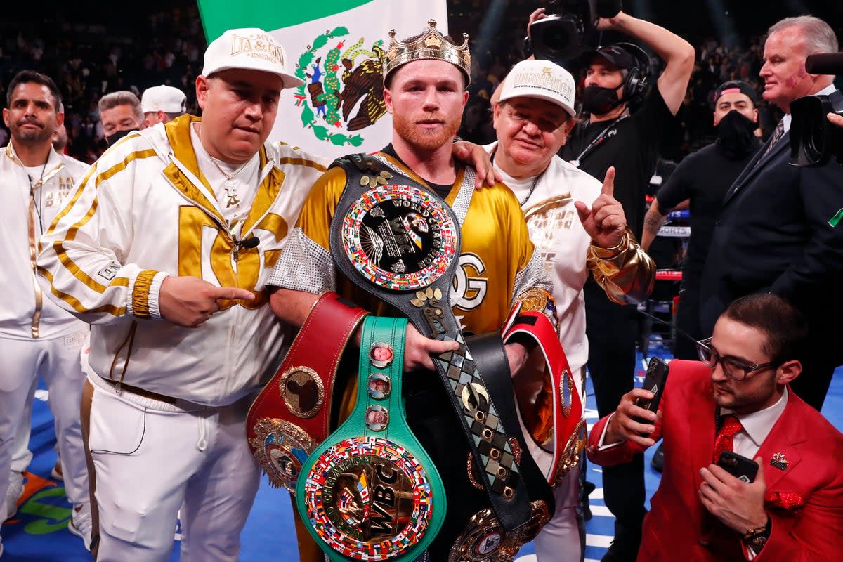 Saul Alvarez following his stoppage win against Caleb Plant last November (AP)