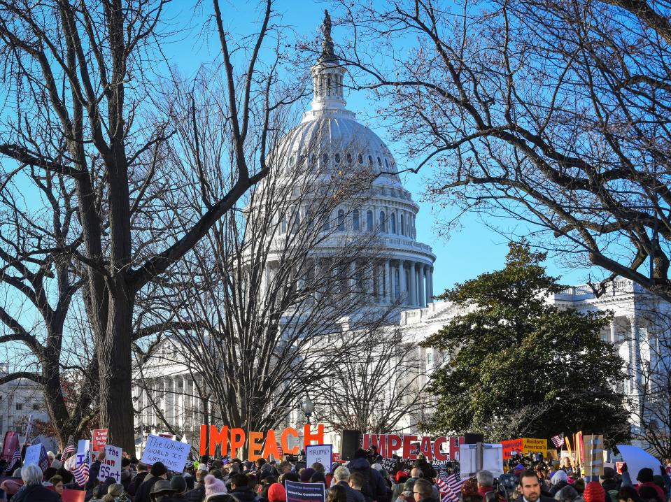 12/18/19 9:04:10 AM -- Washington, DC, U.S.A  -- Impeachment supporters rally in Washington, DC at the U.S. Capitol on Wednesday, Dec. 18, 2019 on the morning of the expected vote by House of Representatives on the articles of impeachment against Donald J. Trump. --    Photo by Jack Gruber, USA TODAY Staff ORG XMIT:  JG 138457 Trump Impeachmen 12/1 (Via OlyDrop)