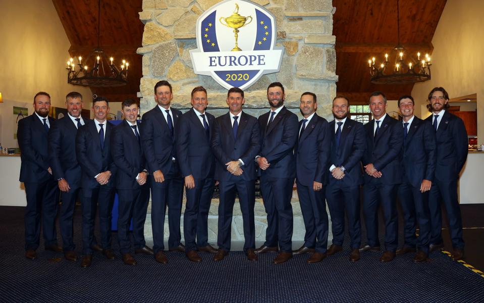 KOHLER, WISCONSIN - SEPTEMBER 23: (L-R) Shane Lowry of Ireland and team Europe, Lee Westwood of England and team Europe, Rory McIlroy of Northern Ireland and team Europe, Matthew Fitzpatrick of England and team Europe, Bernd Wiesberger of Austria and team Europe, Ian Poulter of England and team Europe, captain Padraig Harrington of Ireland and team Europe, Jon Rahm of Spain and team Europe, Sergio Garcia of Spain and team Europe, Tyrrell Hatton of England and team Europe, Paul Casey of England and team Europe, Viktor Hovland of Norway and team Europe and Tommy Fleetwood of England and team Europe pose for a photo prior to the opening ceremony for the 43rd Ryder Cup at Whistling Straits on September 23, 2021 in Kohler, Wisconsin - Getty Images