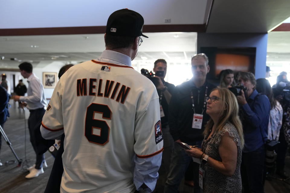 San Francisco Giants manager Bob Melvin answers questions following an introductory baseball news conference at Oracle Park in San Francisco, Wednesday, Oct. 25, 2023. (AP Photo/Eric Risberg)