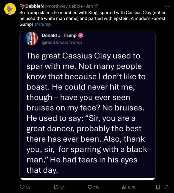 Les utilisateurs de X ont affirmé que l'ancien président américain Donald Trump avait publié sur Truth Social qu'il s'était autrefois battu avec Muhammad Ali, dont le nom de naissance était Cassius Clay.