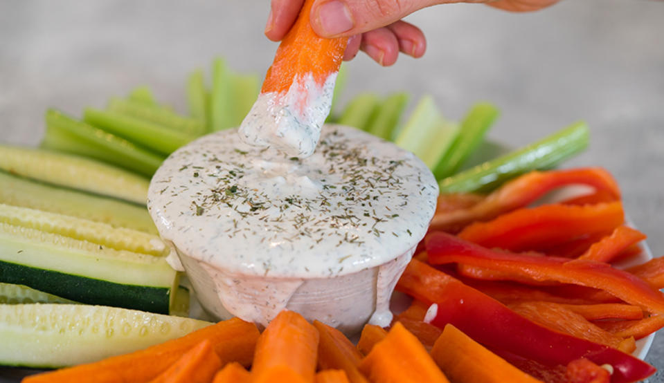 <p>Feeling Fabulous with Kayla</p><p>This healthy, homemade dairy-free ranch dressing recipe can be used either as a salad dressing or a dip with one simple addition.</p><p><strong>Get the recipe: <a href="https://feelinfabulouswithkayla.com/2021/07/03/dairy-free-ranch-dip/" rel="nofollow noopener" target="_blank" data-ylk="slk:Dairy-Free Ranch Dressing;elm:context_link;itc:0;sec:content-canvas" class="link ">Dairy-Free Ranch Dressing</a></strong></p>