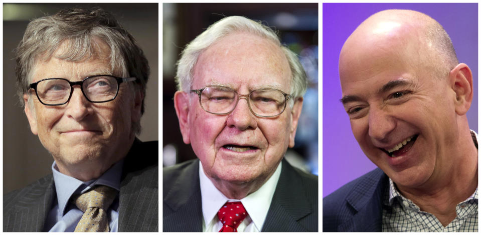 A combination photo shows L-R: Bill Gates in Washington on April 18, 2016, Warren Buffett, in New York on September 8, 2015 and Jeff Bezos in New York on December 2, 2014 respectively. Bezos, the founder and chief executive of Amazon.com Inc, has become the world's third-richest person as of the market close for the first time, Forbes magazine said, passing Warren Buffett, the chairman and chief executive of Berkshire Hathaway Inc while Bill Gates remained the world's richest person.  REUTERS/File Photos